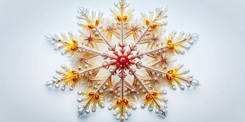 Long Exposure Colorful Snowflake Design with Red and Yellow Accents on White Background - Stock Photo