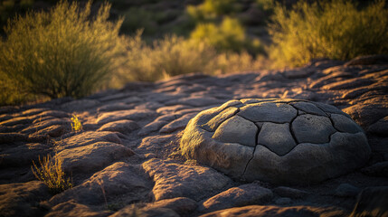 Close-up of ancient dinosaur footprints embedded in rocky terrain, surrounded by sparse vegetation, showcasing texture and depth. Prehistoric fossil tracks in natural environment, paleontology and geo