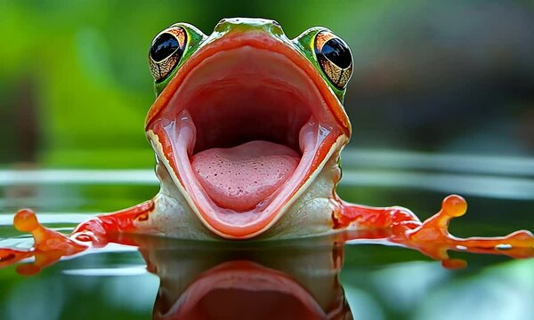 Colorful frog with mouth wide open on serene water surface