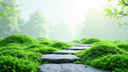Naklejka premium Serene Stone Path Through Lush Green Mossy Landscape