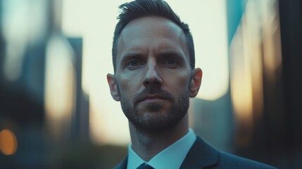 A confident and authoritative Business CEO, dressed in a formal suit, stands with a serious expression, embodying the essence of leadership and decision-making in a corporate setting, 