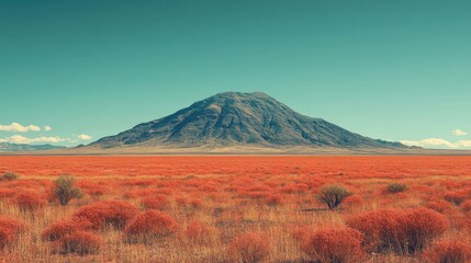 Majestic mountain rises above vibrant red desert landscape under clear blue sky, showcasing nature's beauty