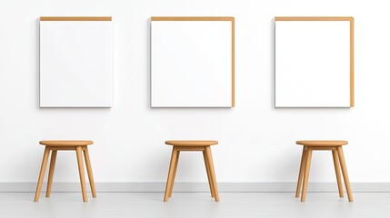 Minimalistic art display in a modern gallery featuring empty frames and wooden stools