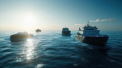 Obraz premium Tranquil Ocean Scene with Multiple Ships Sailing During Sunset