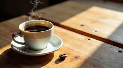 Aromatic Steam Rising From a Cup of Coffee on a Sunny Wooden Table