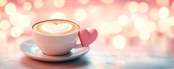 A cozy cup of latte with heart design and soft pink background for a warm atmosphere.