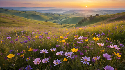 Fototapeta premium A colorful wildflower meadow with purple, pink, and yellow blooms, rolling green hills, and a warm sunrise creating a serene scene Generative AI