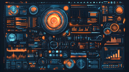 Blue and orange background with futuristic elements for technology or digital marketing, including circles, lines, dots, squares, and other tech-inspired shapes. Vector illustration design on 