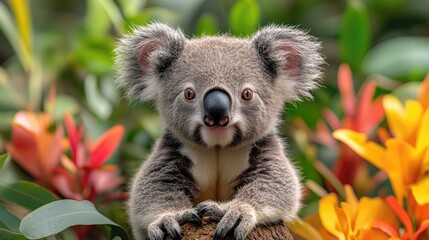 Fototapeta premium Close-up of a koala resting on a branch surrounded by vibrant flowers in a lush environment