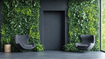 Modern interior featuring stylish chairs surrounded by lush greenery in a serene, well-lit space