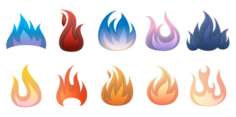Various Flame Designs On White Background, Collection Of Decorative Fire Element Vector Illustration.