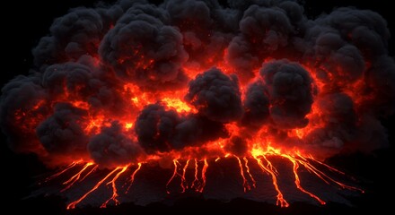 Volcano erupting with lava and smoke against dark background