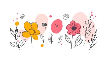 Colorful hand-drawn flowers with abstract shapes and dots on a white background, suitable for design