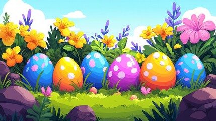 Fototapeta premium Easter Sunday Celebration Decorations Family Pastel Colors Egg Hunt Festival Colorful Easter eggs in a vibrant garden.