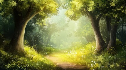 Obraz premium Enchanted Forest Path Painting Sunlight Through Trees, Digital Art Illustration
