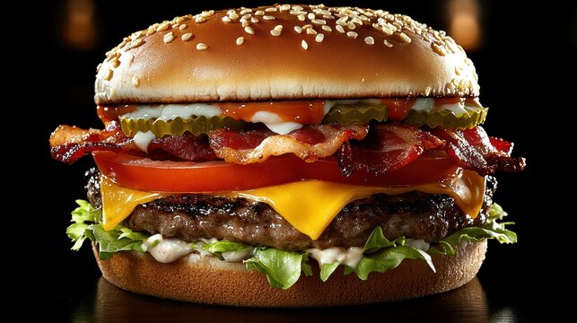 Juicy bacon cheeseburger, dark background, studio shot, food advertising