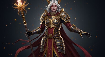 Paladin woman stands radiating power with glowing red eyes