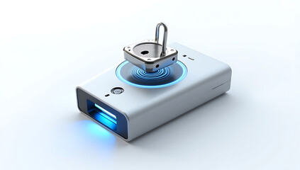 A simple 3D render of a fingerprint scanner with a digital padlock on top, symbolizing personal data protection, placed on a plain white background.