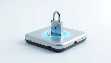 A simple 3D render of a fingerprint scanner with a digital padlock on top, symbolizing personal data protection, placed on a plain white background.