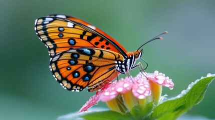 Fototapeta premium Orange butterfly on a pink flower with dew drops.
