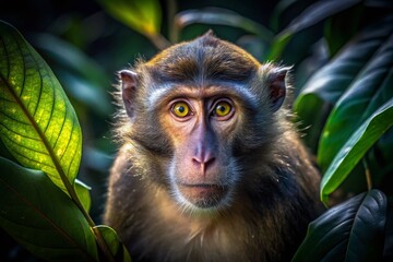 Fototapeta premium Low Light Macaque Portrait: Nocturnal Primate in Jungle Shadows