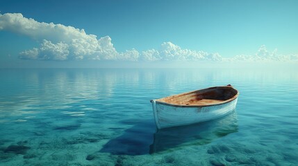 Fototapeta premium Tranquil boat floating on crystal-clear water under a bright blue sky with soft clouds