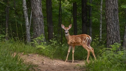 White Tailed deer fawn stands near flowers in a garden