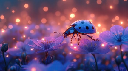 A vibrant ladybug perched on a delicate flower amidst a dreamy, glowing background of blossoms