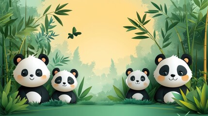 Fototapeta premium Two playful pandas and their cub in a serene bamboo forest with a soft yellow background