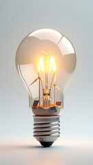  A simple 3D render of a glowing lightbulb with wind turbines and solar panels inside, symbolizing renewable energy, placed on a plain white background.