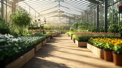 Obraz premium Tranquil Greenhouse Interior with Vibrant Flower Beds and Lush Foliage Illuminated by Soft Natural Light During Golden Hour