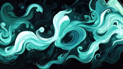 Elegant teal swirls against a dark backdrop, creating a calming abstract art