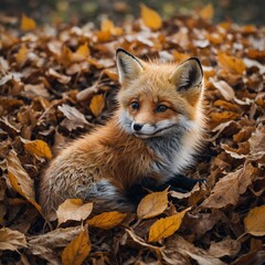 "A cute baby fox curled up in a bed of autumn leaves, its fur fluffy and warm."