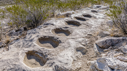 Close-up of ancient dinosaur footprints embedded in rocky terrain, surrounded by sparse vegetation,...