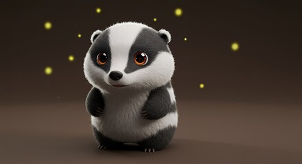 An adorable cartoon badger stands amidst softly glowing lights