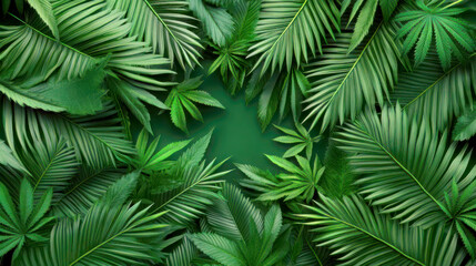 Lush green palm leaves creating a vibrant, natural background.