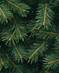 Lush Green Fir Tree Branches with Sparkling Water Droplets, Evergreen Coniferous Texture