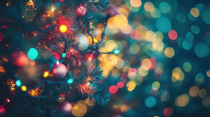 Soft Focus of Colorful Christmas Lights on Tree Decorations