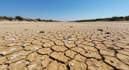 Fototapeta premium Cracked earth under a clear blue sky in drought conditions