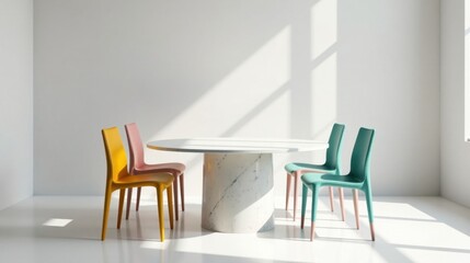 Modern minimalist dining room with colorful chairs and marble table