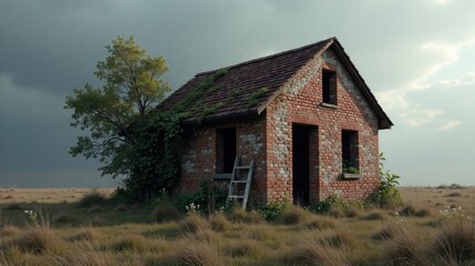 Obraz premium Rustic Brick Cottage in a Field with Overgrown Roof and Ladder