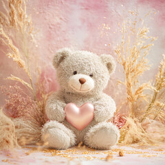 A cute teddy bear holding a heart in a tranquil, soft background of dried flowers.