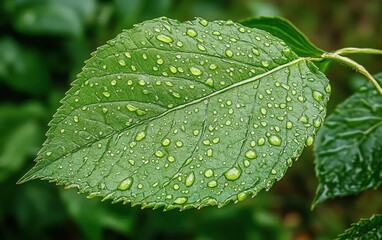 Dew-Kissed Leaf A Vibrant Green Leaf Adorned with Sparkling Water Droplets, Revealing Nature's Intricate Details