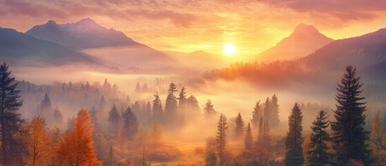 Obraz premium Sunrise Over Foggy Valley with Warm Tones Illuminating the Landscape