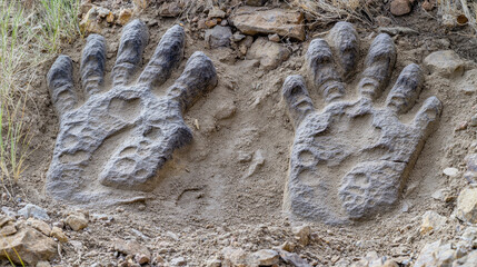 Close-up of ancient dinosaur footprints embedded in rocky terrain, surrounded by sparse vegetation,...