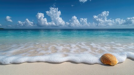 Obraz premium Serene beach scene featuring a seashell on the shore with gentle waves and vibrant clouds