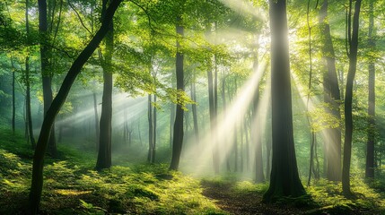 Obraz premium Serene and Luminous Forest Scene with Sunlight Filtering Through Lush Green Leaves and Majestic Trees in a Peaceful Natural Environment
