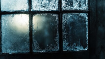 Frozen Window Pane with Ice Crystals and Soft Sunlight Winter's Icy Embrace