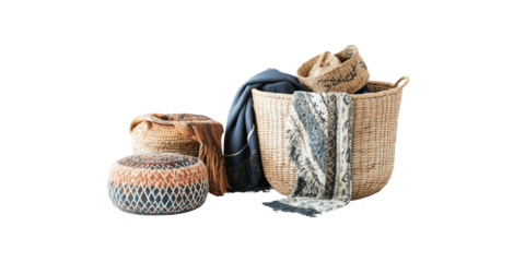 Collection of woven baskets and textiles arranged together, Isolated on white background.