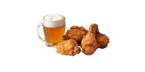 A frosty mug of beer beside a pile of crispy fried chicken legs, Isolated on white background.